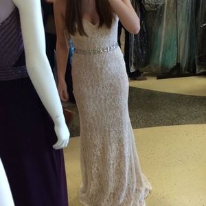 Strapless white lace prom dress